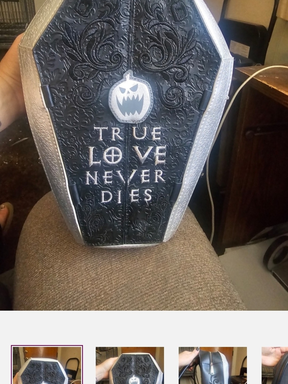 Loungefly Black & Silver Coffin Backpack - "True Love Never Dies"